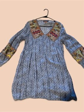 Grey Patterned Mini Dress with Colorful Embroidered Collar
